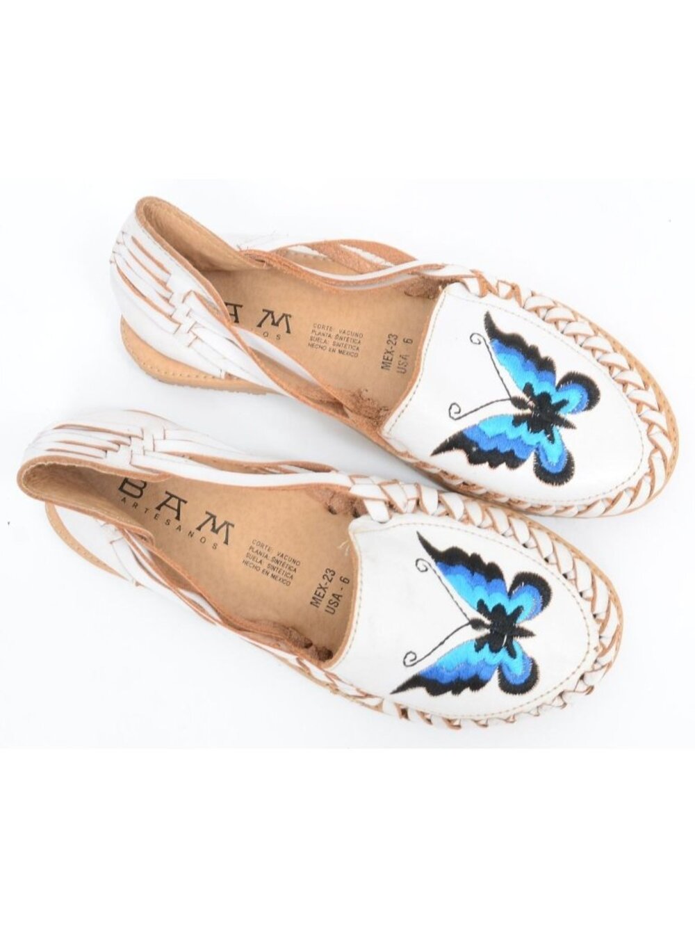 BAM Artesanos Huaraches White Leather Blue Butterflies Flat Mexican Shoes Size 6